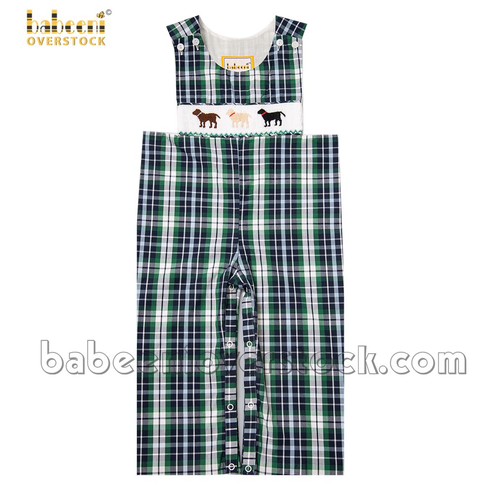 Cute puppies smocked green plaid longalls - BB1987